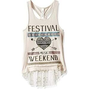 Beautees Festival Music Lace Trim Graphic Racerback Tank Top Women's SIze Large